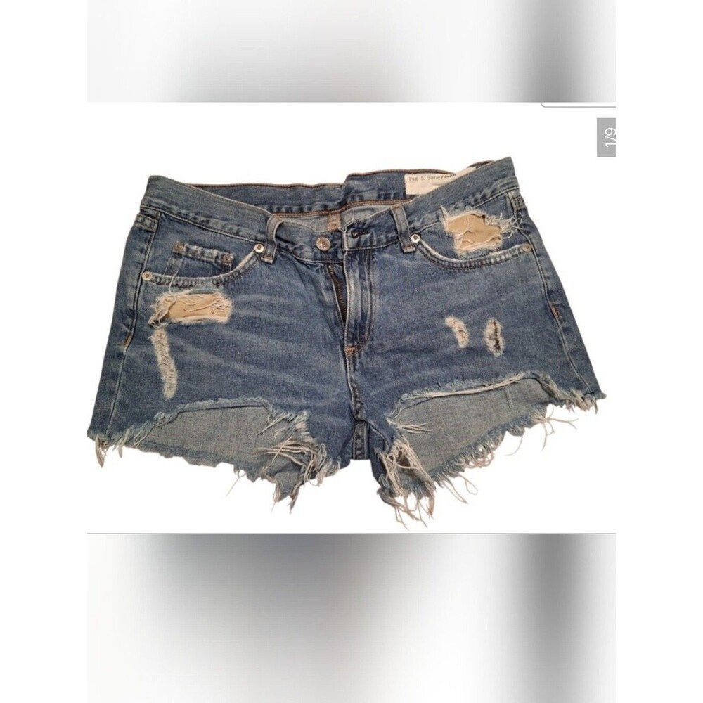 RAG & BONE Distressed Cutoff Denim Shorts Blue Raw Hem Winnie High Rise Size 27